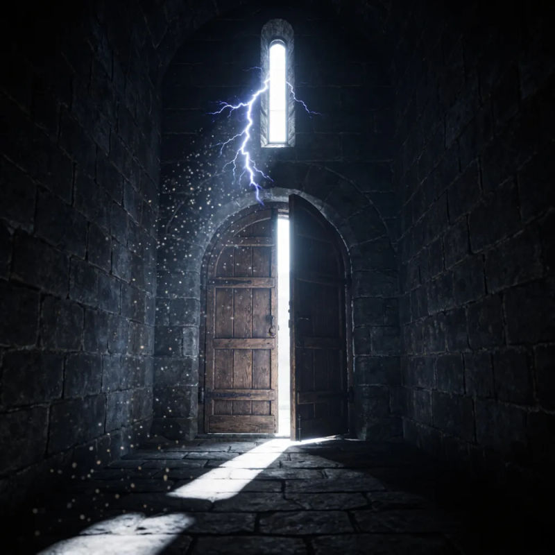 An old wooden door ajar in a dark stone corridor with lightning in a high window