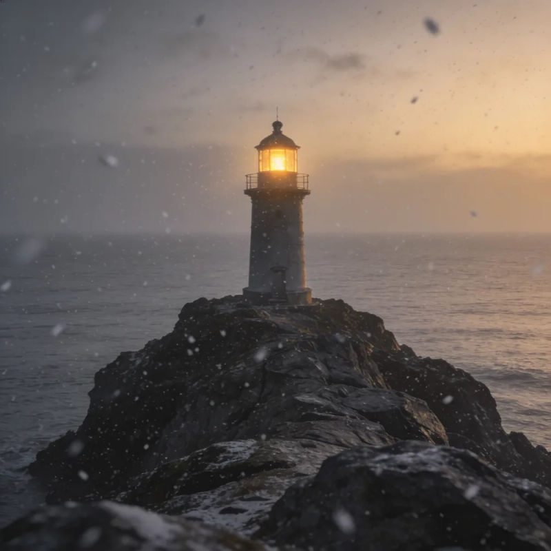 A lighthouse on a stony headland at dusk in falling snow