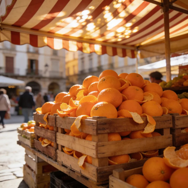 Crates of fresh oranges on a sunlit market stall in a town square