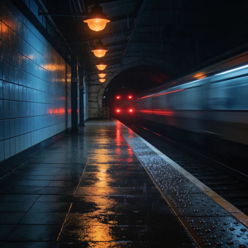 An empty train platform at night in the rain as the last train leaves