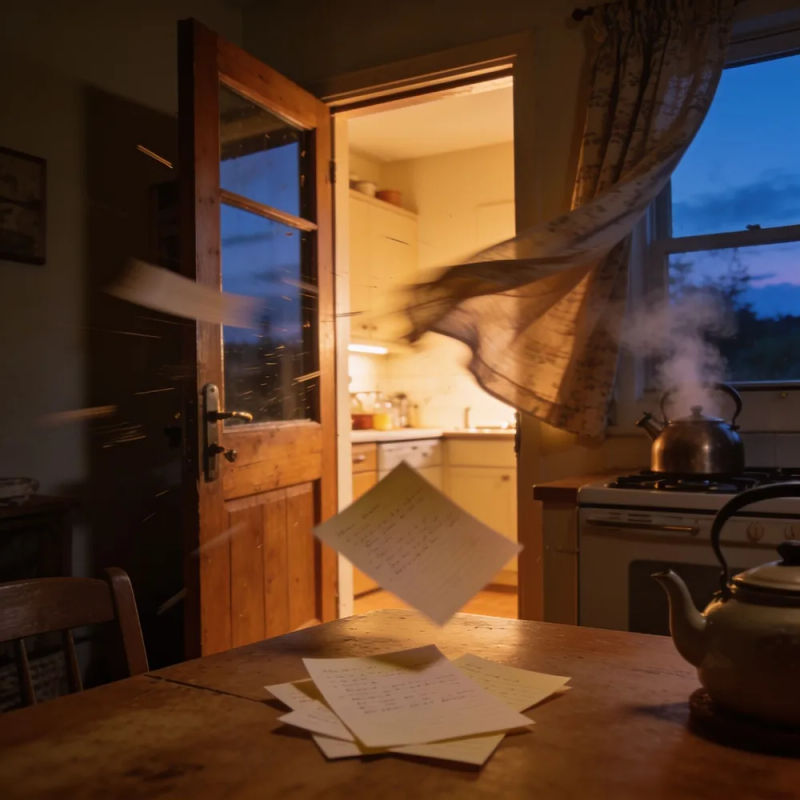 A back door blowing open into a kitchen as recipe cards fly and a kettle steams