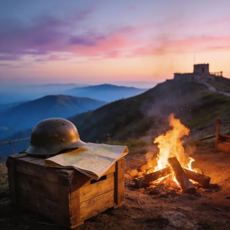 A campfire at dusk beside a crate with a dented helmet and a folded map