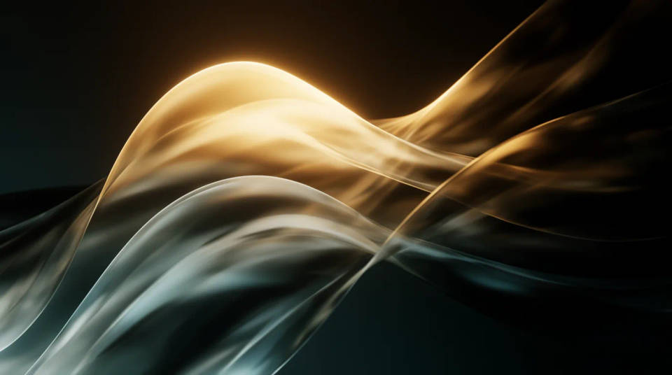 Three translucent waveforms in amber, silver and teal merging into one form