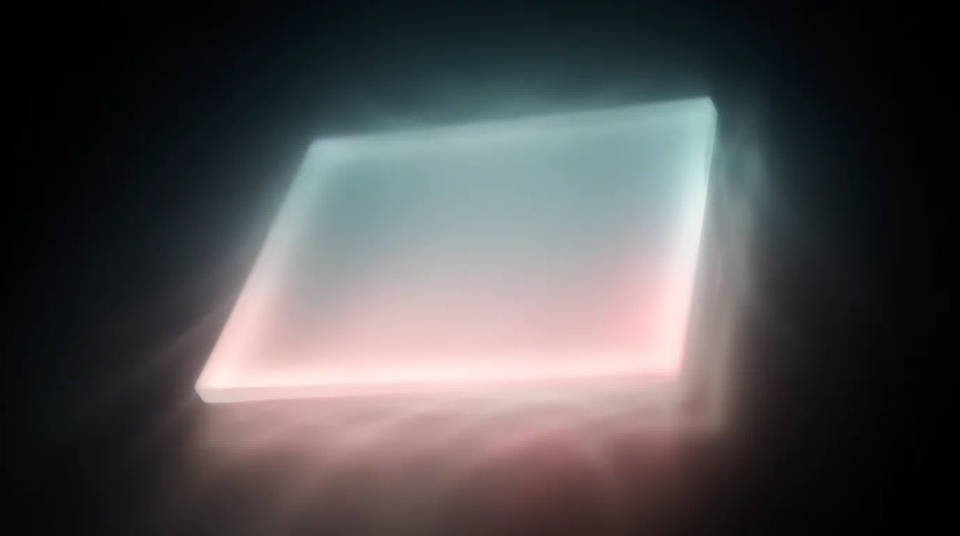 A glowing rectangular frame of light with waves rippling from its lower edge