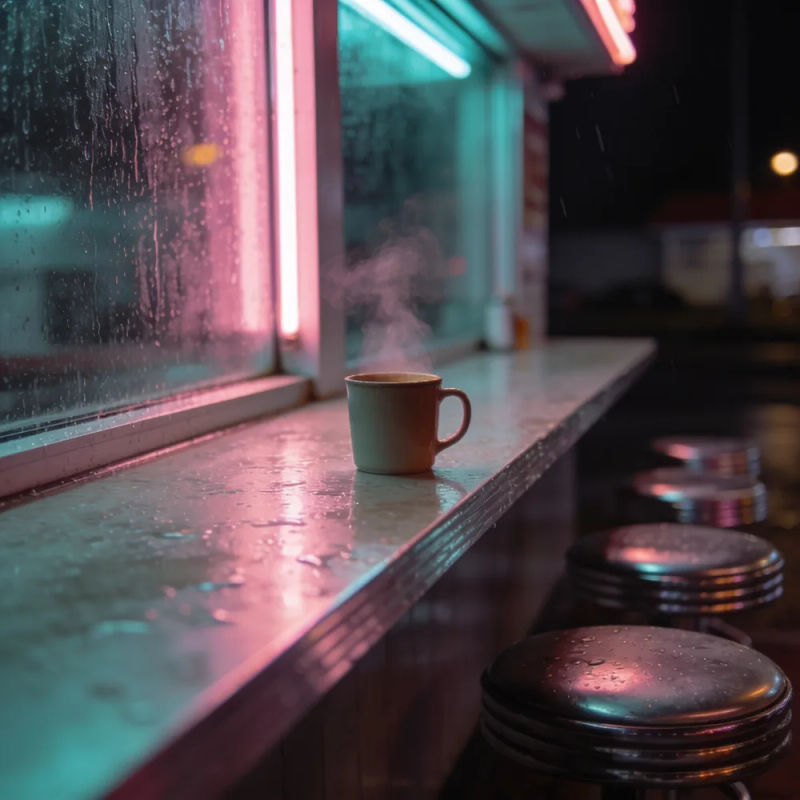 A late-night diner counter with one steaming mug and rain on the window