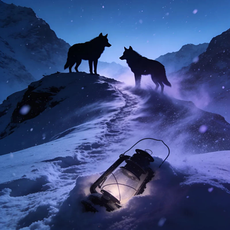 Two wolves on a snowy ridge at blue hour with a lantern in the snow