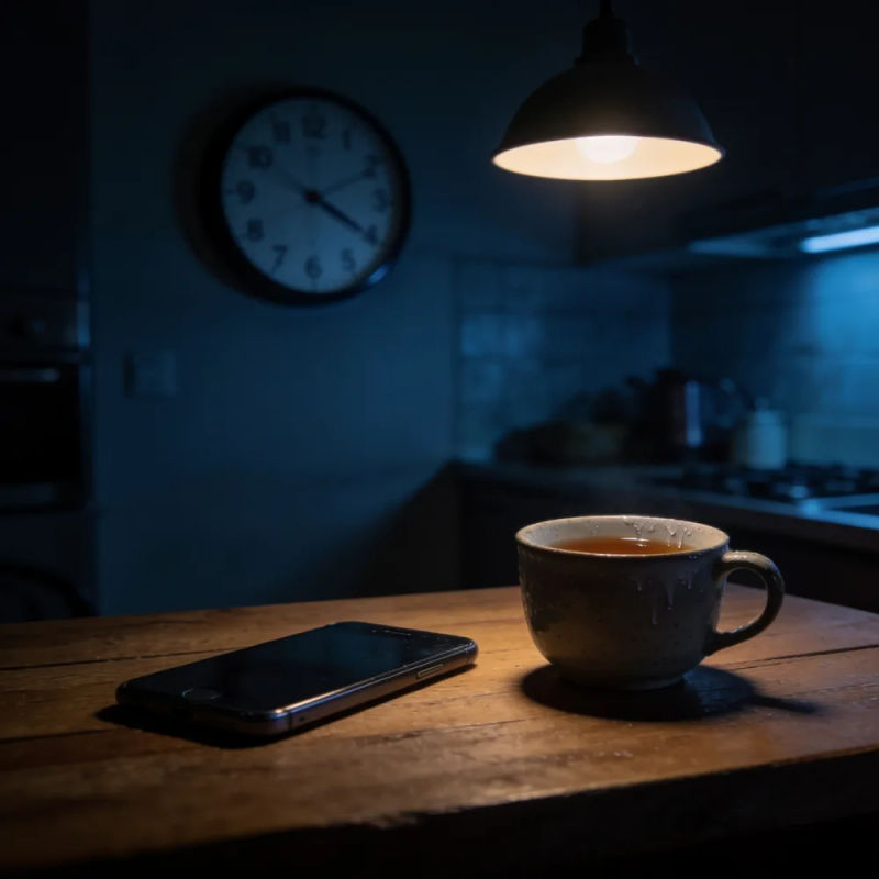 A dim kitchen at night with a wall clock, a phone face down and a cold cup of tea