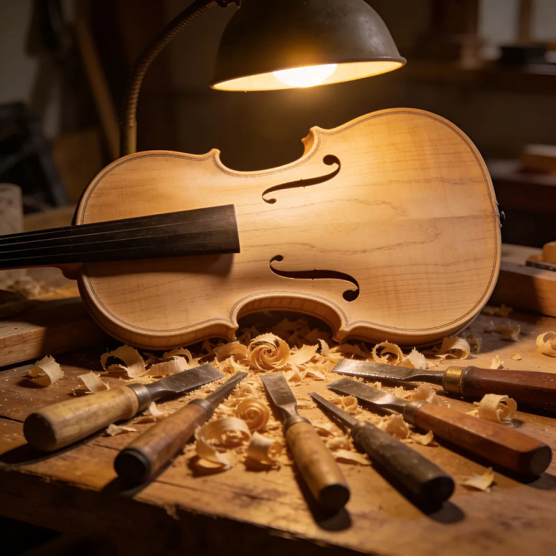 An unfinished violin body on a workbench with carving tools and wood shavings