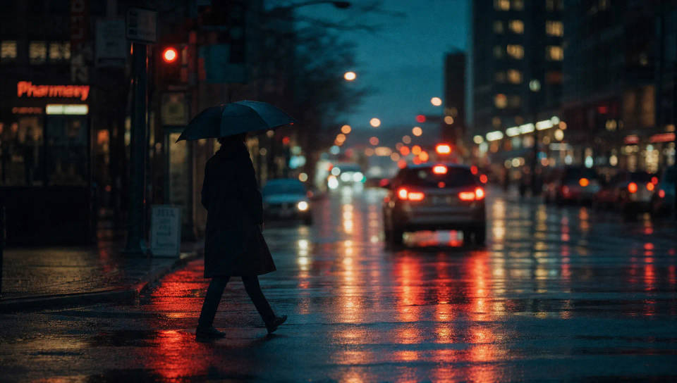 Still cinematográfico: uma figura solitária com guarda-chuva em uma rua molhada pela chuva ao entardecer