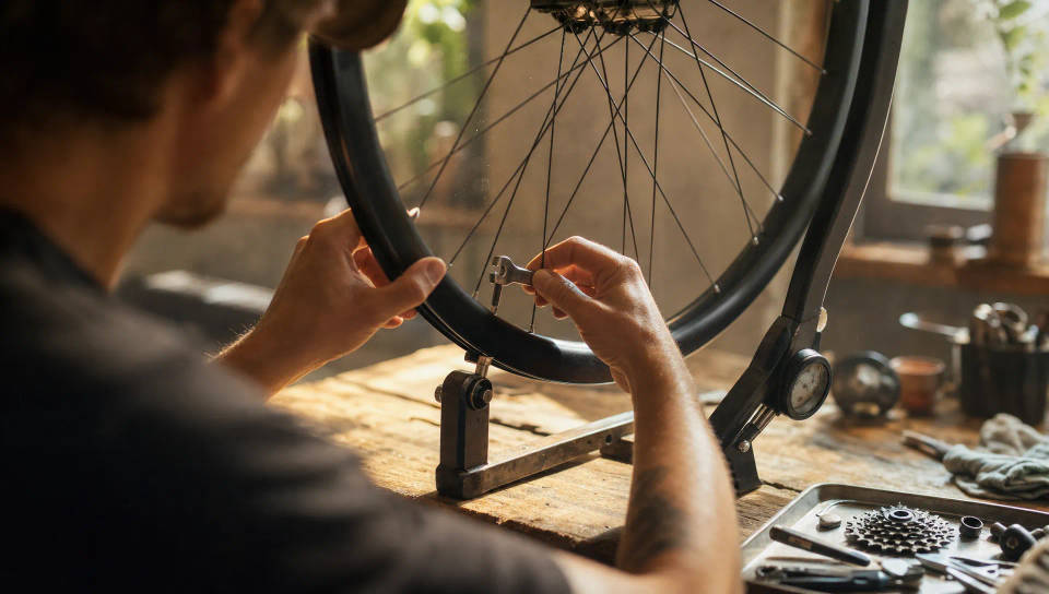 Plano por trás do ombro de mãos ajustando a roda de uma bicicleta em uma bancada sob luz suave de janela