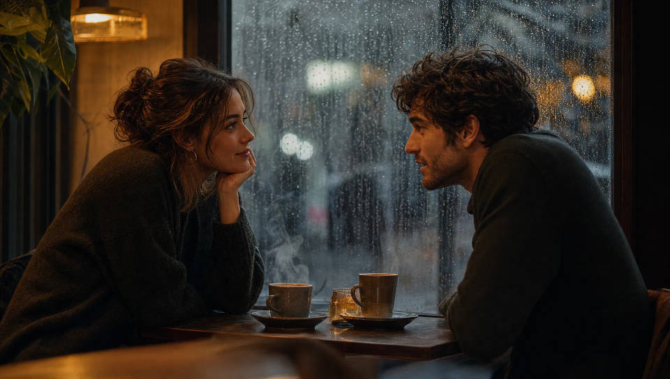 Duas pessoas conversando em uma pequena mesa de café perto de uma janela com gotas de chuva