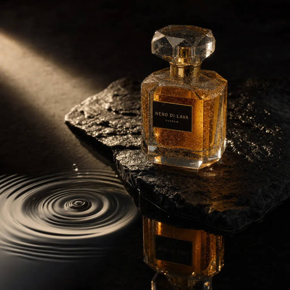 قارورة عطر كريستالية على حجر أسود تحت ضوء مائل وحيد