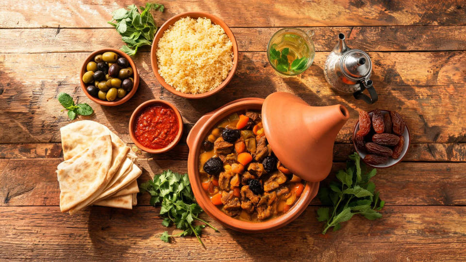لقطة علوية مسطحة لطاجين وأطباق صغيرة على طاولة ريفية