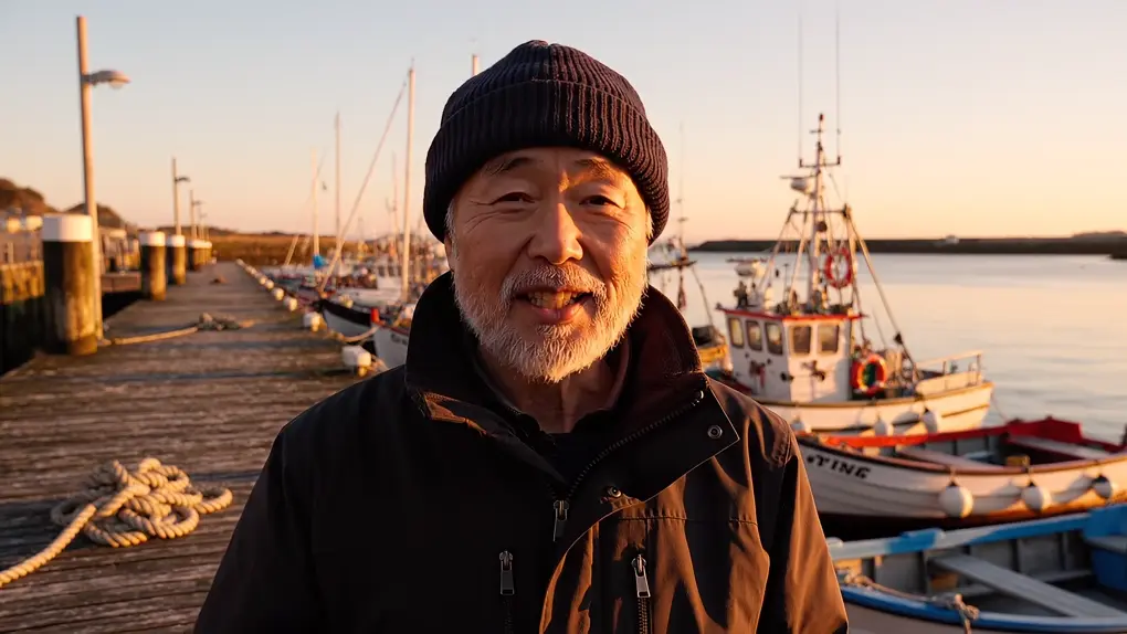 A white-bearded man in a knit cap on a wooden harbor pier with fishing boats at golden hour