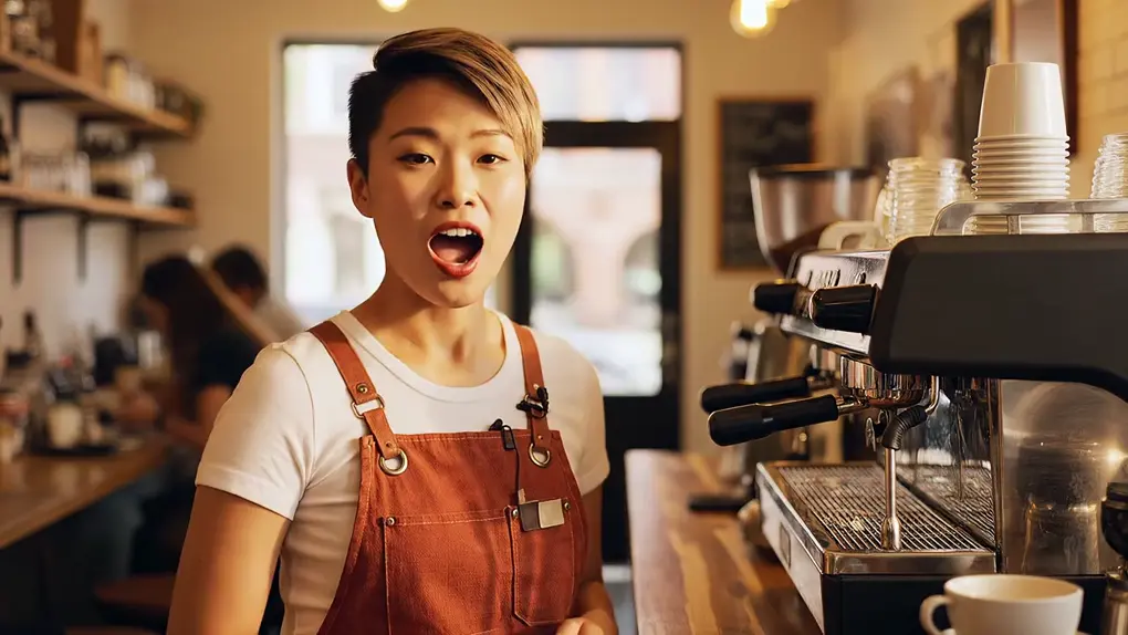 A barista with a short undercut and a rust-brown apron talking behind an espresso bar