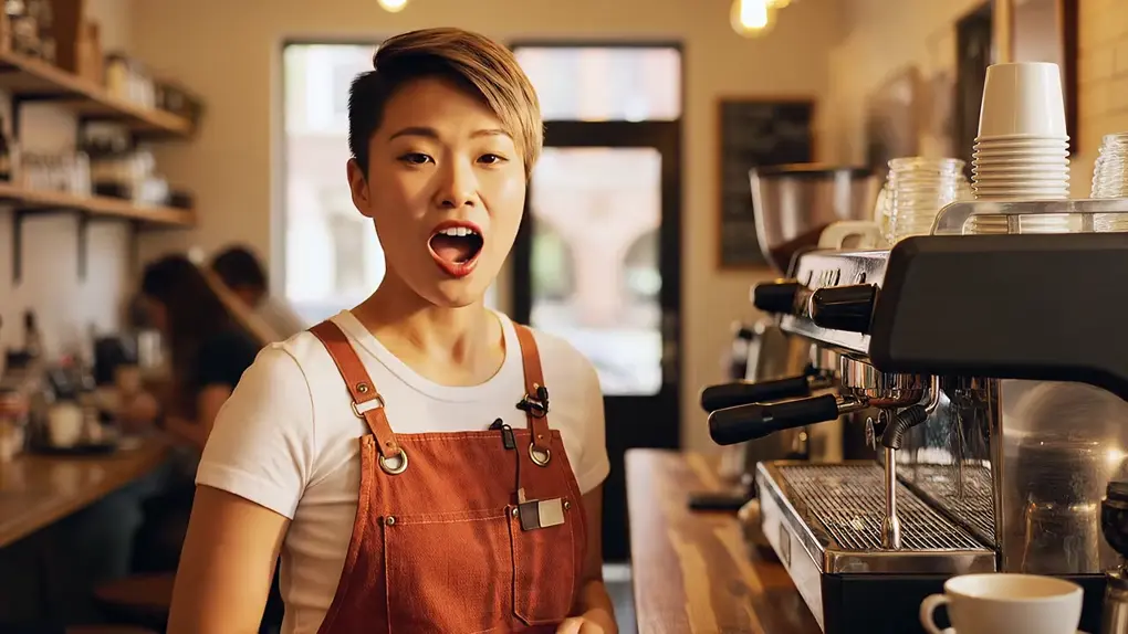 A barista with a short undercut and a rust-brown apron talking behind an espresso bar