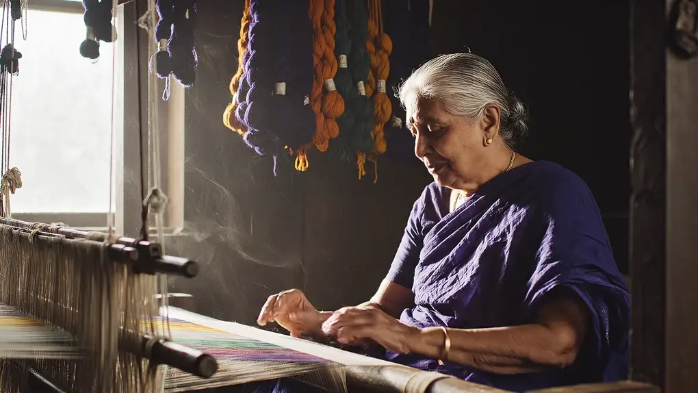 An elderly woman in an indigo sari at a wooden handloom, lit by a single window