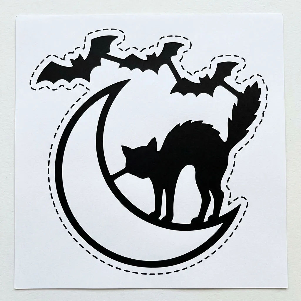 万圣节AI绘画提示词示例:月亮上的猫:南瓜雕刻模板,1:1画幅