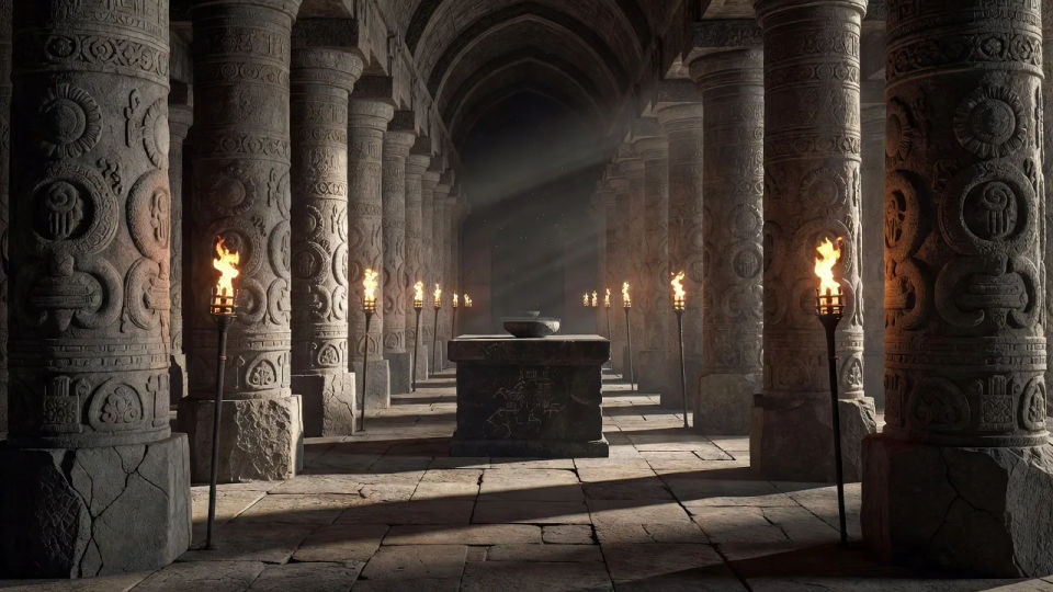 Torchlit colonnade hall