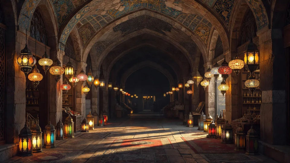 Lantern-lit alley at dusk