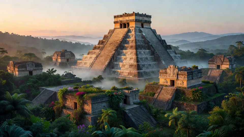 Jungle temple complex at dawn