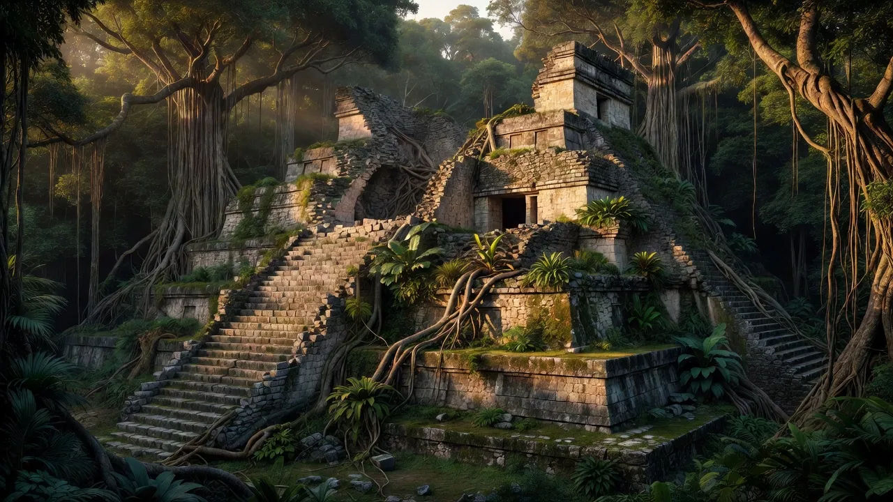 Overgrown ruin at dusk