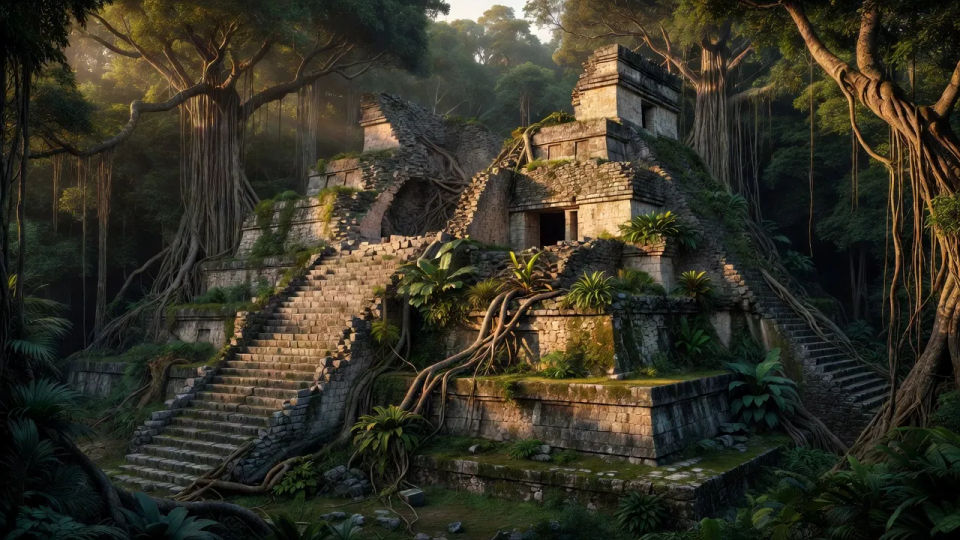Overgrown ruin at dusk