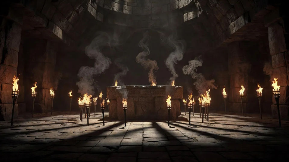 Torchlit altar hall