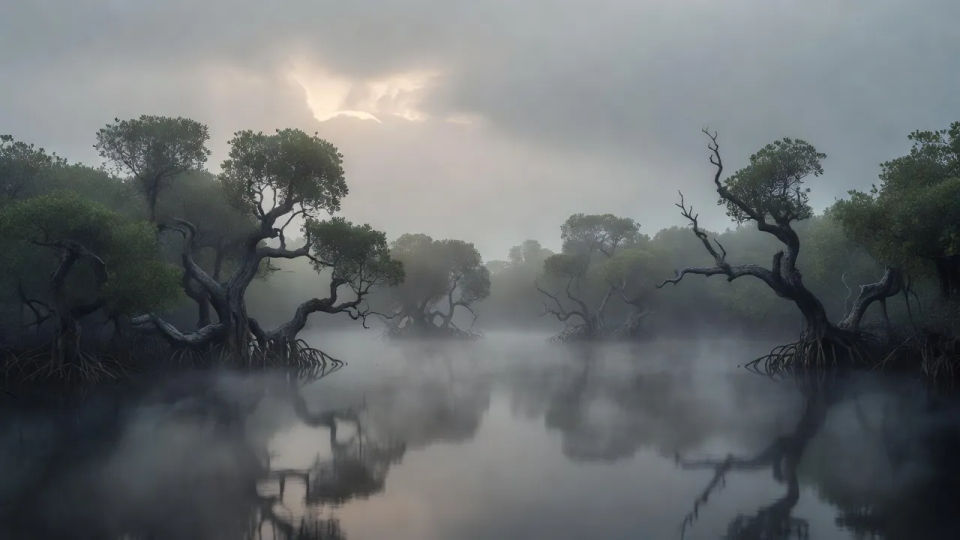 Fog-choked swamp panorama