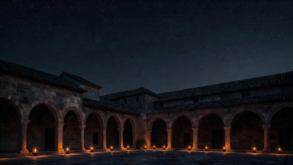 Lamp-lit courtyard at night