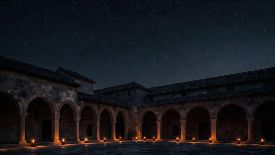 Lamp-lit courtyard at night