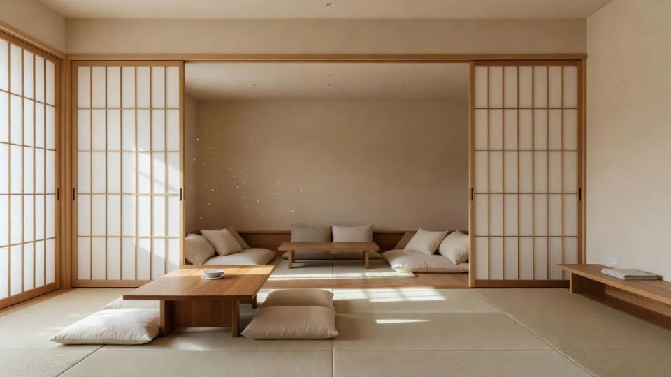 Open-plan Japandi living room