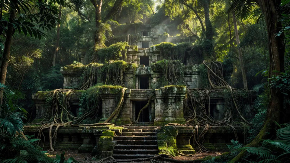 Jungle temple ruins panorama