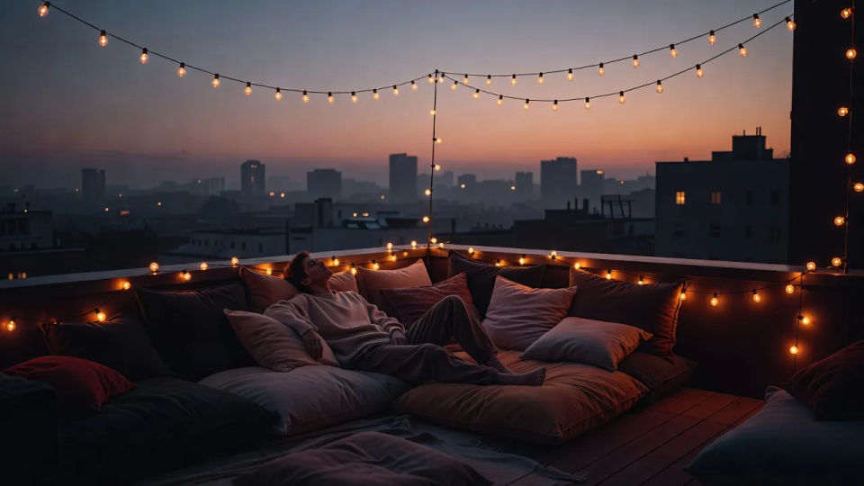 Rooftop lounge at dusk