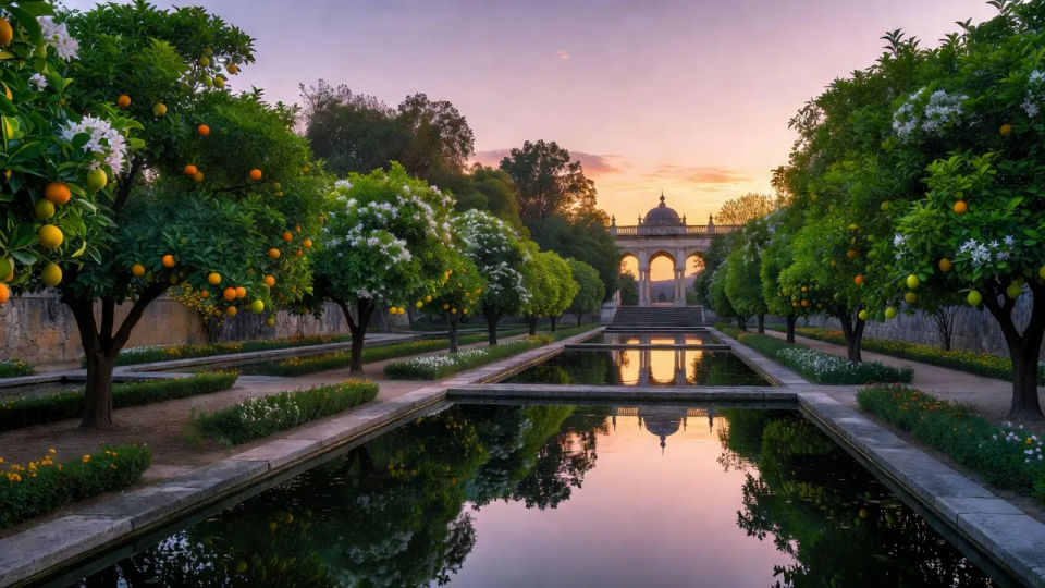 Palace garden at dusk