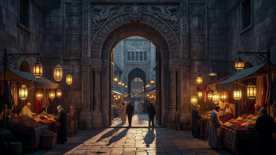 Market gate at night
