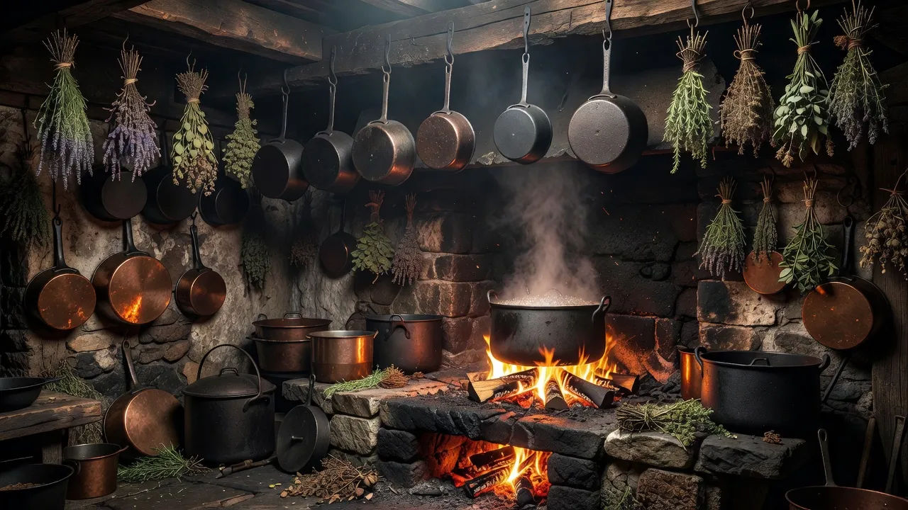 Kitchen behind the hearth