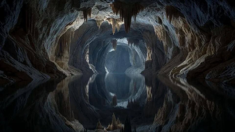 Vast cavern lake panorama