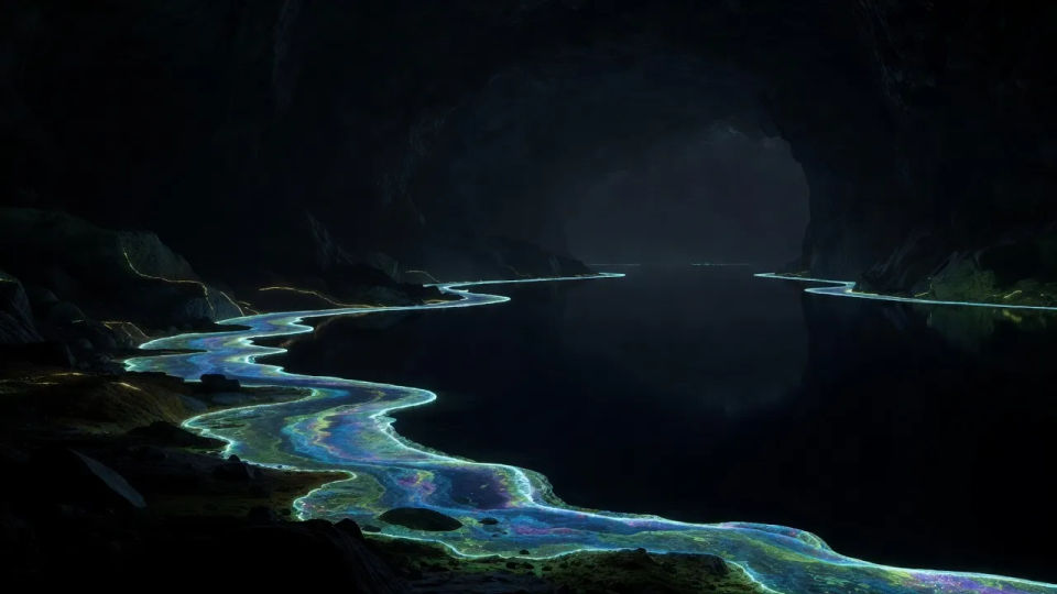 Bioluminescent shore at dusk