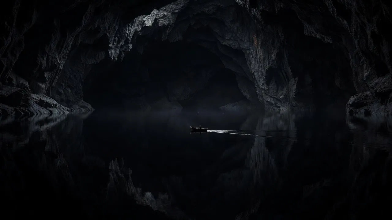 Boatman crossing the dark water