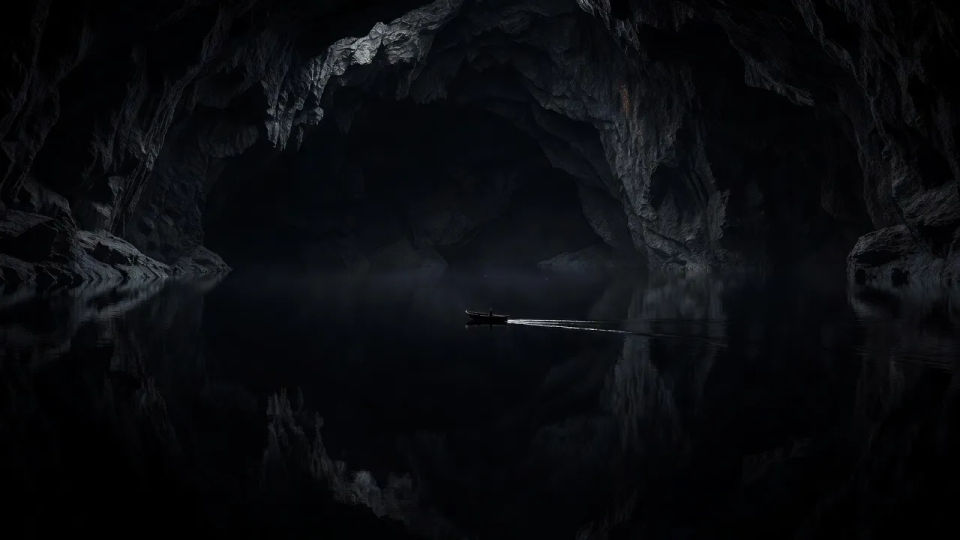Boatman crossing the dark water