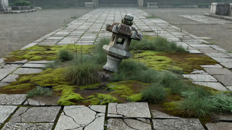 Overgrown stone courtyard