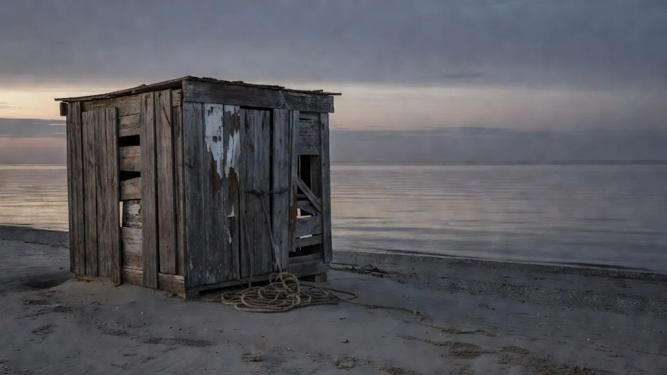 Coastal fishing shack at dusk