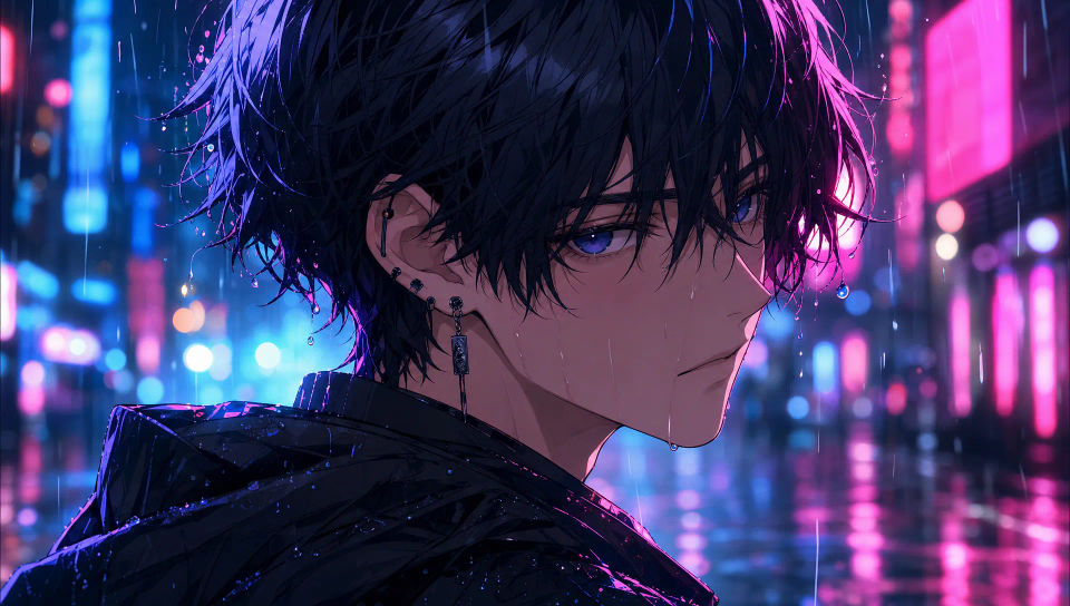 Neon-lit portrait on a rainy street