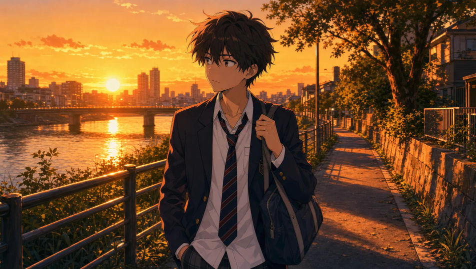 夕暮れに下校する男子学生