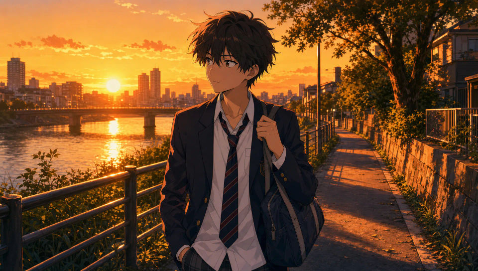 Schoolboy walking home at sunset