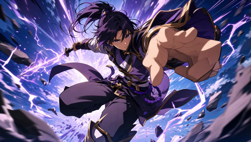 Dynamic action pose mid-battle