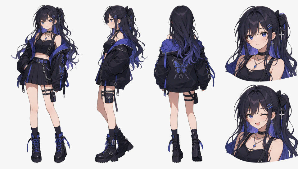 Character reference sheet with multiple poses