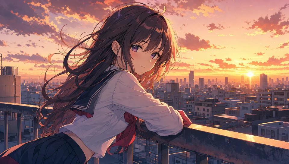 Schoolgirl on a rooftop at sunset