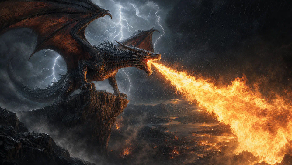 Dragon breathing fire in a storm